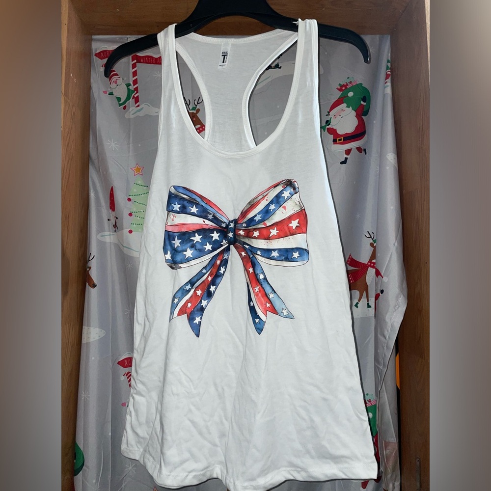Women's new large White Tank Top with American Flag Bow